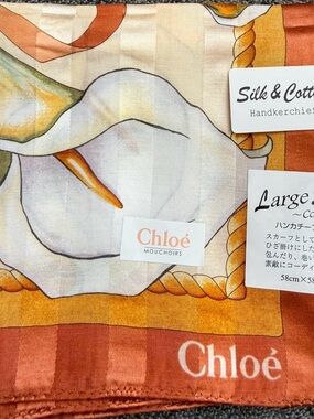 Chloé Vintage w/tags Floral Silk-Cotton Handkerchief in Rust & Cream 22”